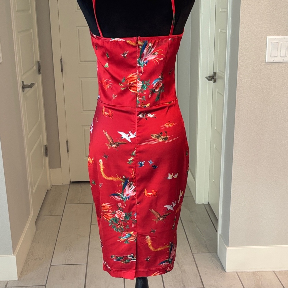 Wheels & Dollbaby Red Satin Bird & Floral Print Bodycon Slip Dress AU 12 US 8 - Picture 8 of 13